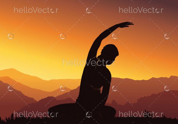 Yoga background. Silhouette of woman doing yoga on mountain - vector illustration 