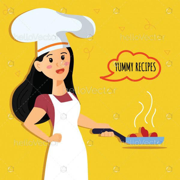 Female cook in apron standing with frying pan