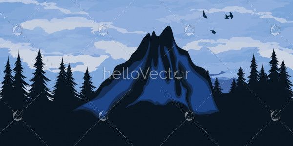 Blue mountain silhouettes with trees - vector landscape