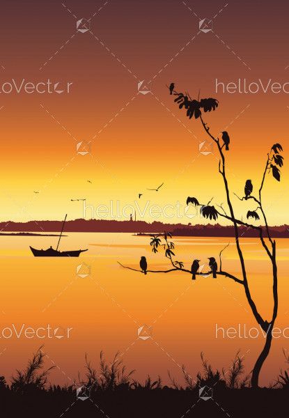 Nature background with river and tree. Birds sitting on tree, Colorful sunset, Mobile wallpaper - Vector illustration