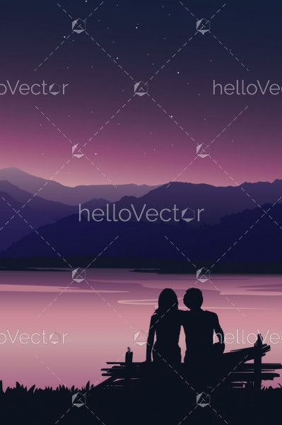 Silhouette of love couple sitting on the bench at sunset - Vector Background