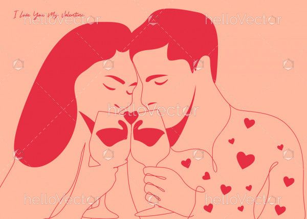 Romantic Couple Drinking Wine - Modern Illustration