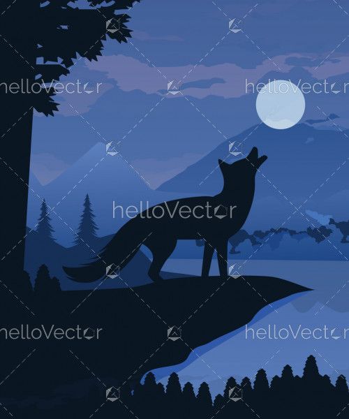 Fox silhouette with blue moon background