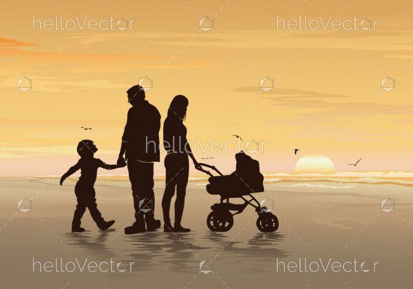 Silhouettes of a happy family with their kids on the beach - Vector illustration