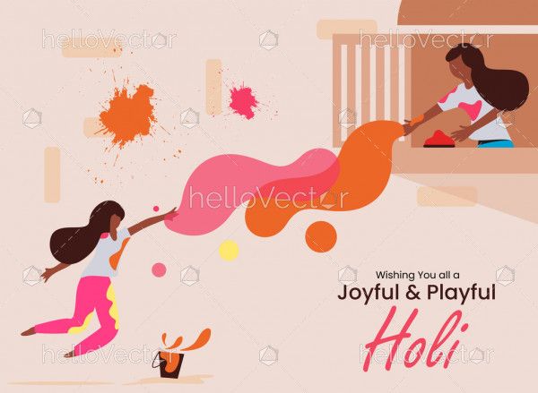 Two girls playing holi - Happy holi greeting card vector design