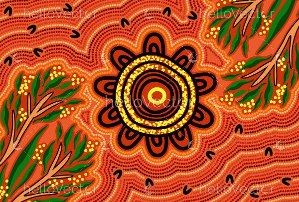 Aboriginal art background with wattle leaf