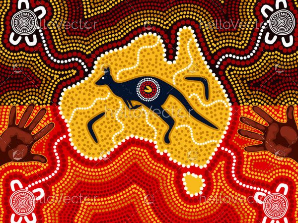 Aboriginal style of art with map and kangaroo