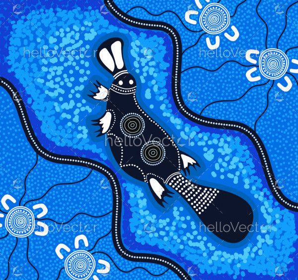 Platypus art, Aboriginal blue dot art backgrond