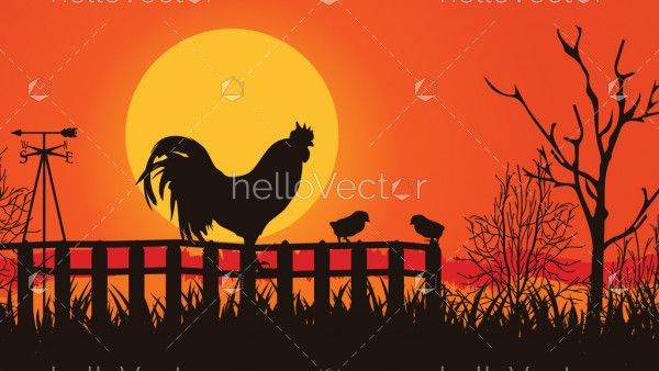 Rooster silhouette crowing at sunrise