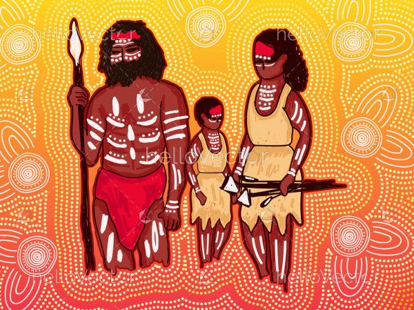 Aboriginal painting - small and happy family concept