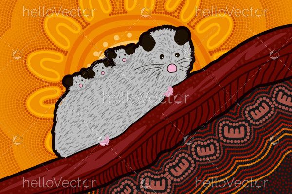 Mother and baby possum - aboriginal art background