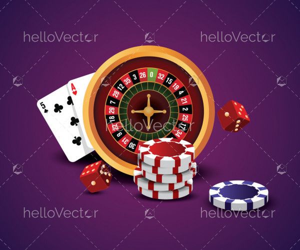 Casino roulette wheel with dice, poker chips and playing cards - Illustration