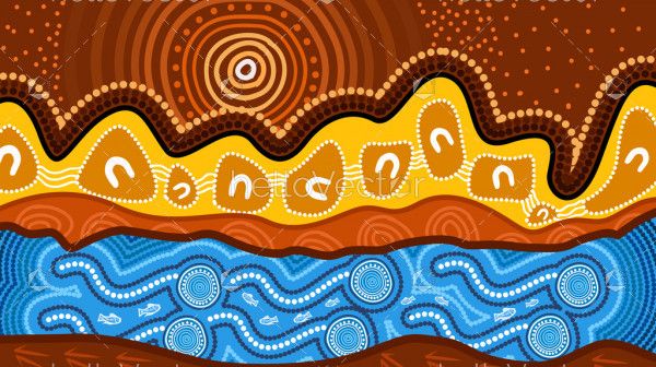 Aboriginal landscape art with mountains and river