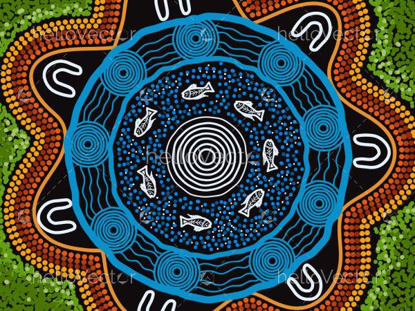 Fish in the river aboriginal dot art background