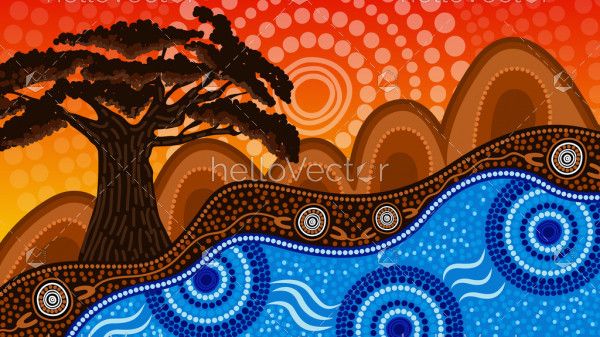 Tree on the hill, nature concept aboriginal art - Download Graphics ...
