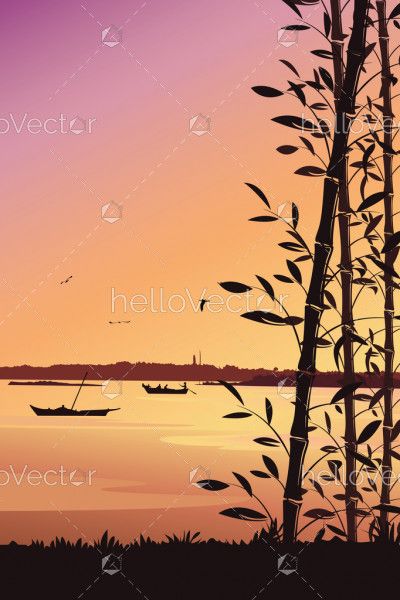 Scenery mobile wallpaper, Nature background with bamboo and river portrait view - vector illustration