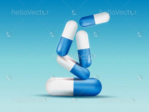 Pill capsules group falling 3d rendering