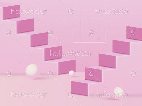 3D pink stairs or steps illustration with white 3d balls