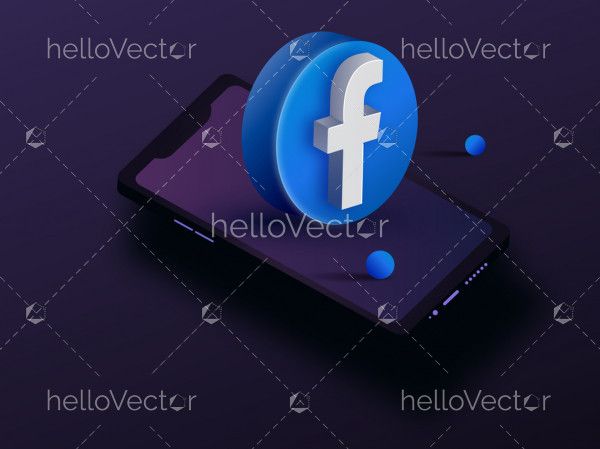 3d blue facebook circle icon with mobile - illustration