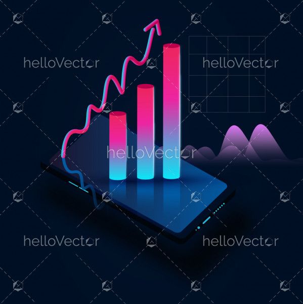 3d graph of business financial growth with mobile - illustration