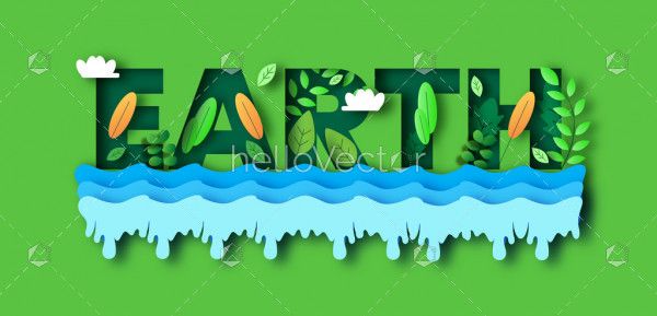 Earth text with green nature and river