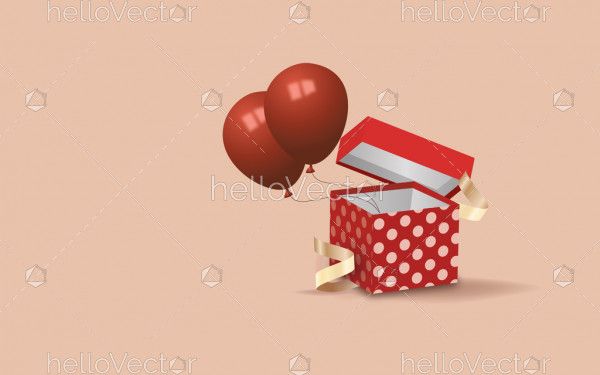 Red gift box 3d illustration with red balloons