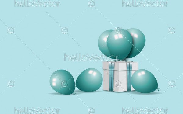 Gift box 3d illustration with bunch of balloons in minimal style