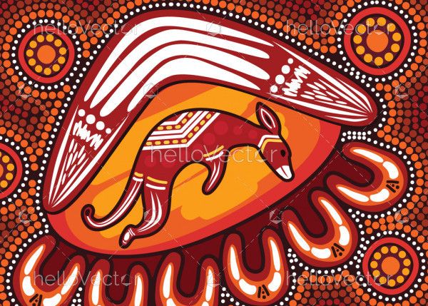 Aboriginal artwork with boomerang and kangaroo