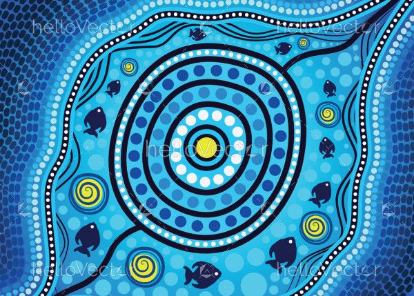Blue aboriginal water artwork with fish