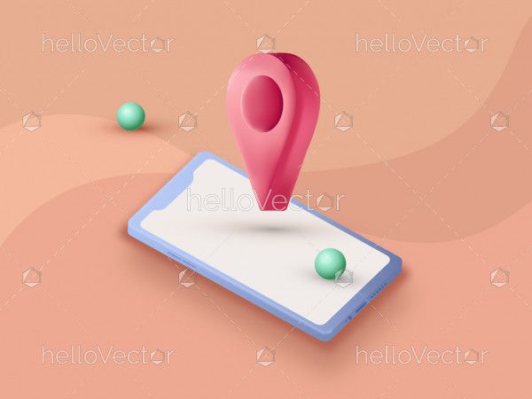 3D Location Pin Icon With Mobile