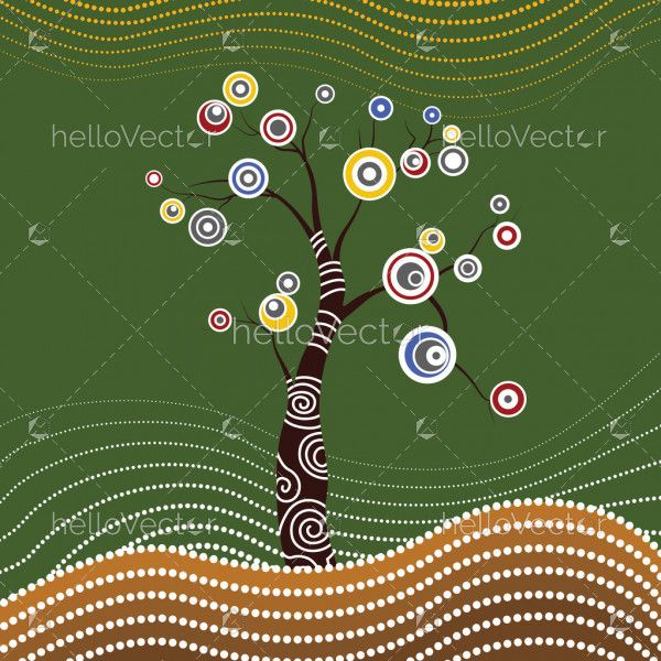 Tree on the hill, Aboriginal tree, Aboriginal art vector painting with tree