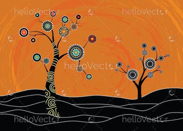Tree on the hill,  Aboriginal tree,  Aboriginal art vector painting with tree