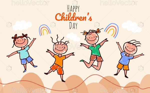 Happy kids jumping doodle illustration, children's day background