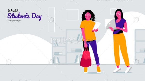 Two students girls in cartoon style, World students day banner