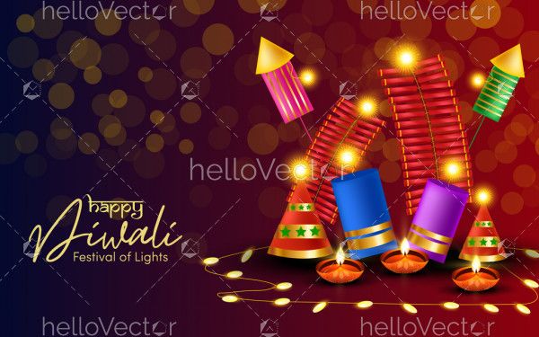 Festival crackers with oil lamps and lights for Happy Diwali