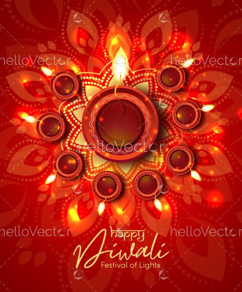 Shiny red floral Diwali Festival background with Diya lamps and Rangoli