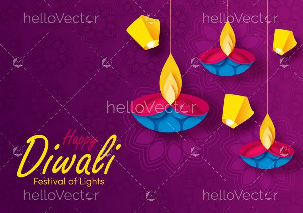 Happy Diwali Celebration Banner with decorated hanging Diya