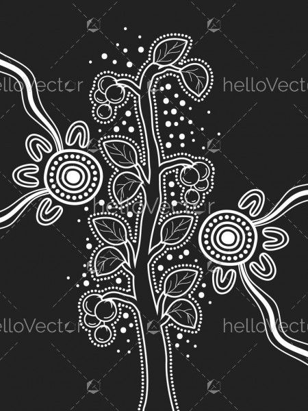 Aboriginal bush plant dot art black and white illustration