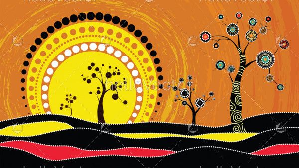 Tree on the hill, Aboriginal tree, Aboriginal art vector painting with tree and sun.