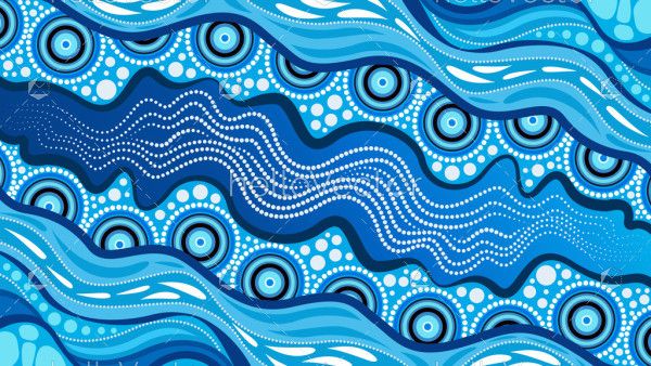 Aboriginal dot art blue river background