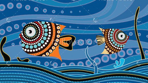Aboriginal dot art painting with fish, Underwater concept