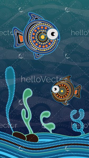 Aboriginal dot art painting with fish underwater concept.