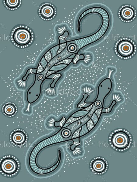 Aboriginal dot art vector grey background with lizard