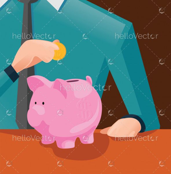 Saving money for future investment concept, Man putting coin in piggy bank
