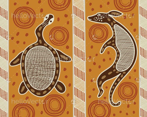 Aboriginal art vector painting with kangaroo and turtle