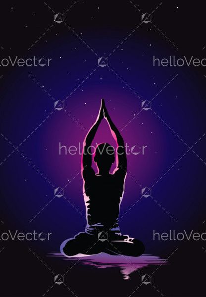 Yoga background vector illustration, Glowing outline of man in yoga pose on dark background.