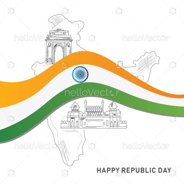 Indian republic day background with map and wavy flag