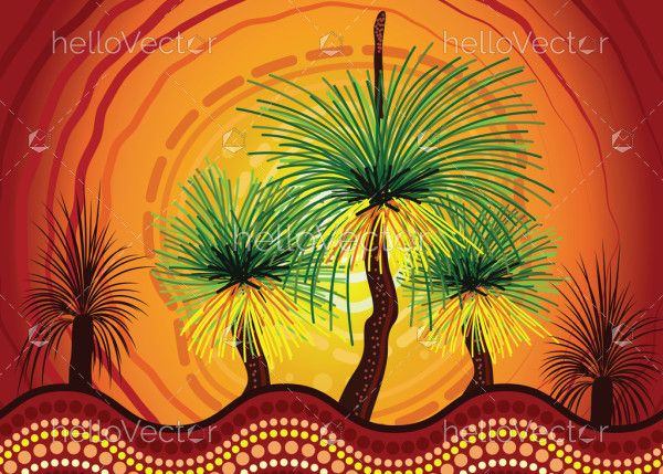 Aboriginal art painting with grass tree