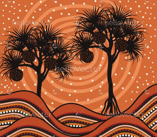 Aboriginal art painting with pandanus tree