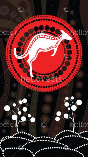 Aboriginal art vector background, Nature concept, Dot art painting with kangaroo, hill and tree.